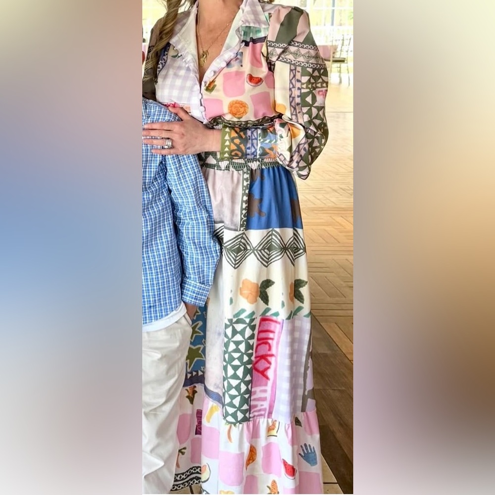 Patchwork Floral Long-Sleeve Maxi Dress in Pastel Multi